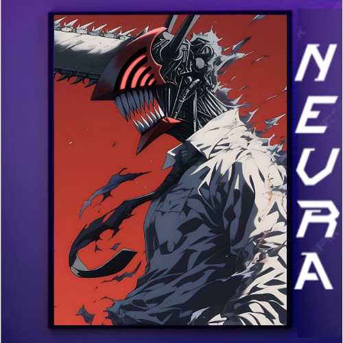 Anime-inspired metal poster with robotic chainsaw head character, bold red background, Nevraa branding for gamers.