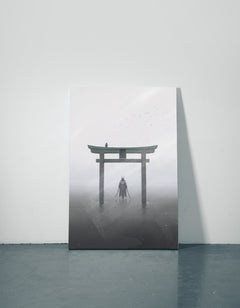 Gate with Samurai White Metal Poster — aluminium poster wall art for gaming room