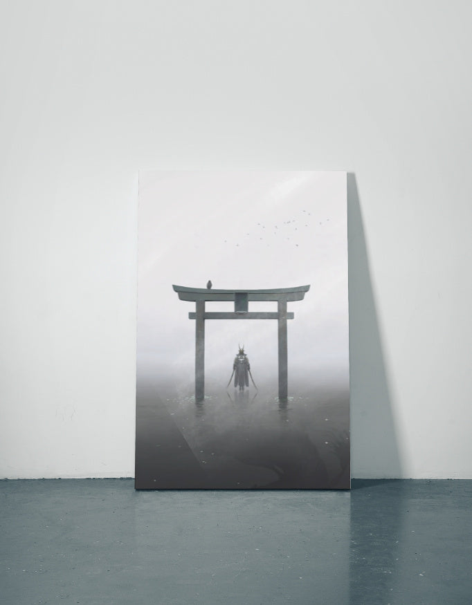 Gate with Samurai White Metal Poster — aluminium poster wall art for gaming room