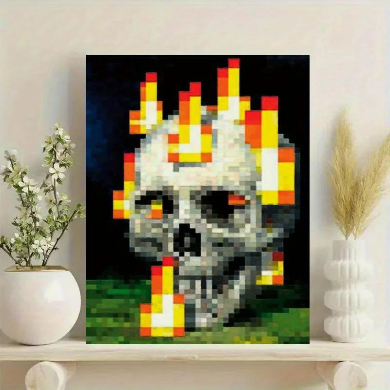 Vibrant Pixel Skull & Flames Canvas Poster- Unframed Art Print for Bedroom