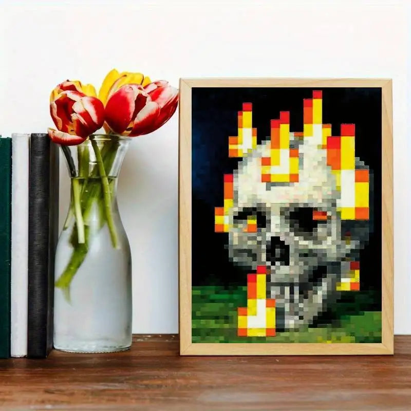 Vibrant Pixel Skull & Flames Canvas Poster- Unframed Art Print for Bedroom