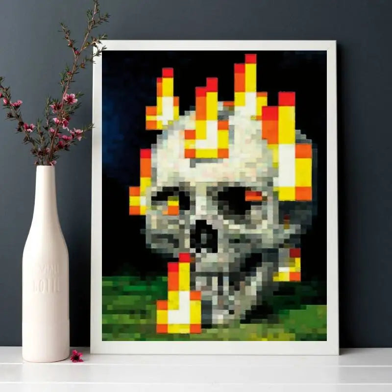 Vibrant Pixel Skull & Flames Canvas Poster- Unframed Art Print for Bedroom