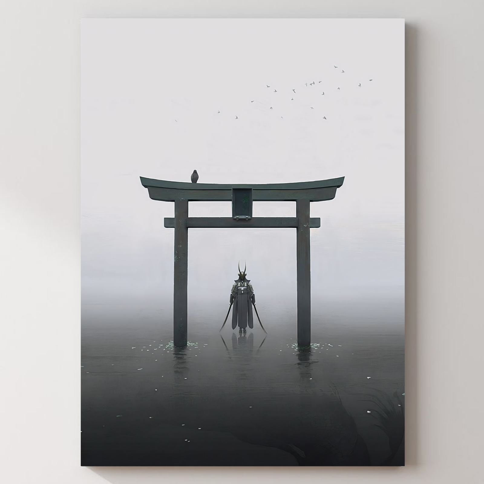 Gate with Samurai White Metal Poster — aluminium poster wall art for gaming room